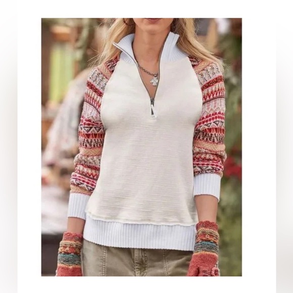 Sundance Sweaters - Sundance Fair Isle White 1/4 Zip Sweater with Red Patterned Sleeves, NWT, L